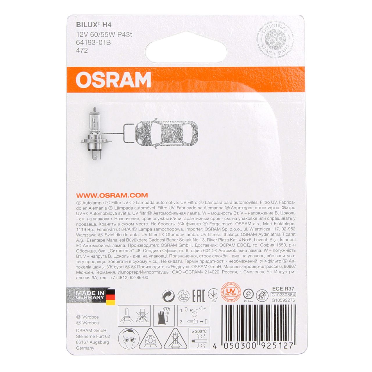 OSRAM Halogenlampe H4 ORIGINAL LINE 12V 60/55W P43t 64193-01B