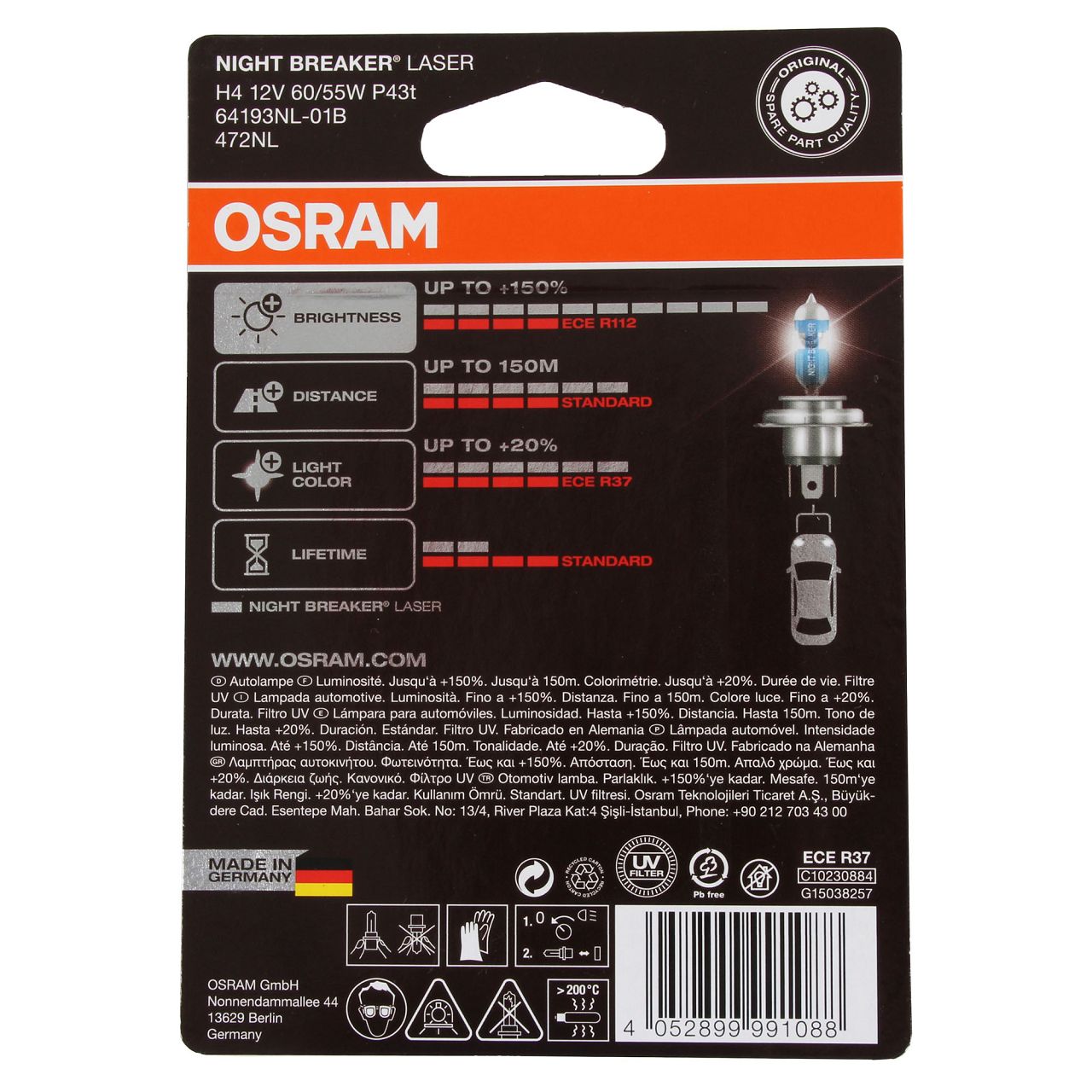 OSRAM Glühlampe H4 NIGHT BREAKER LASER 12V 60/55W P43t next Generation +150%