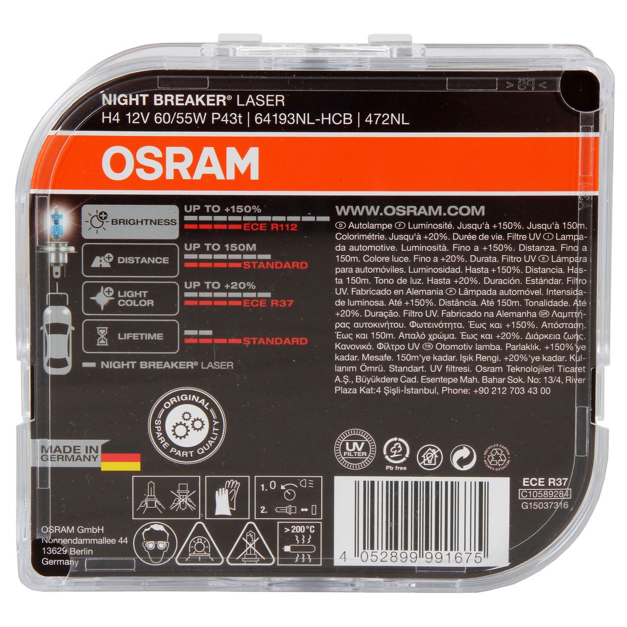 2x OSRAM Glühlampe H4 NIGHT BREAKER LASER 12V 60/55W P43t next Generation +150%