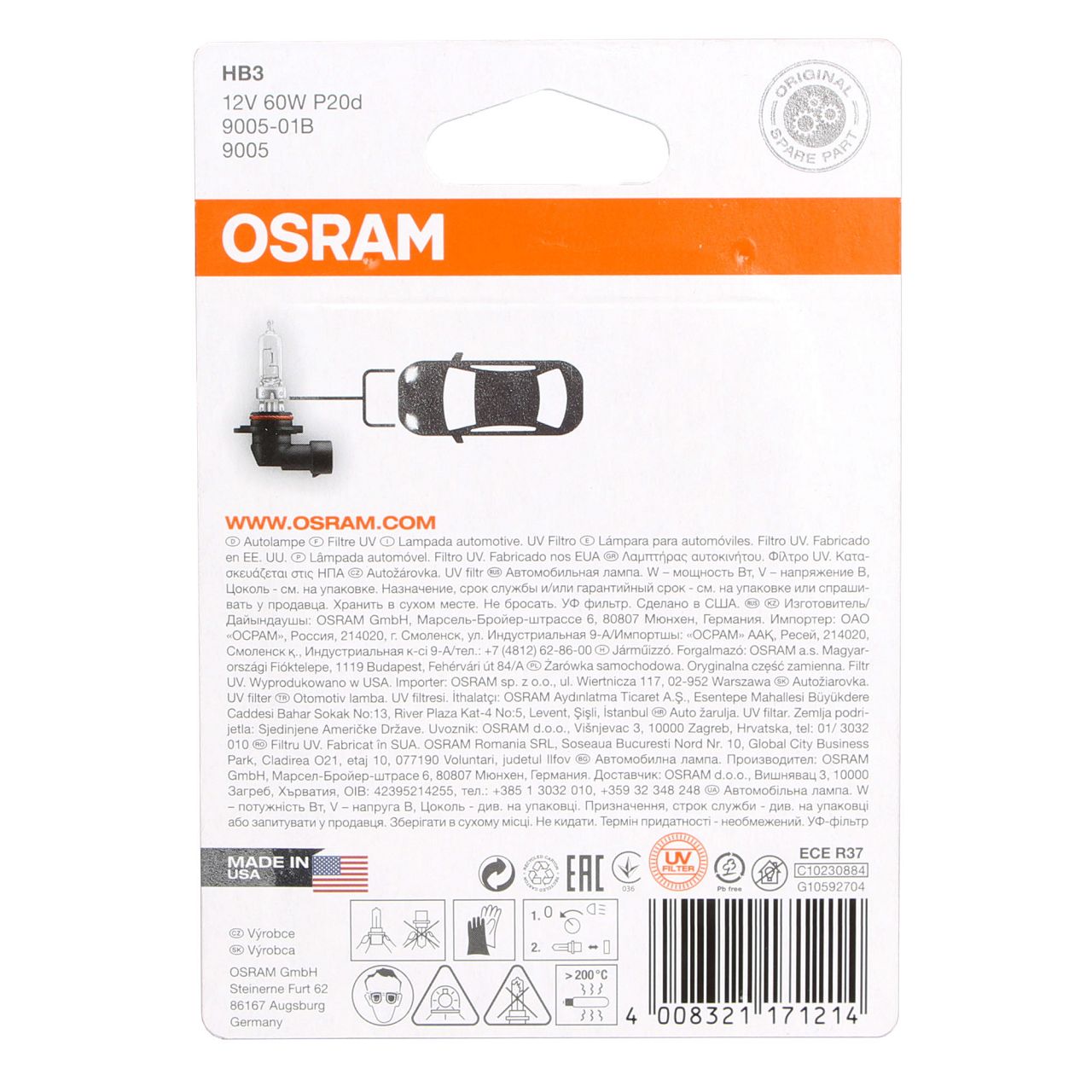 OSRAM Halogenlampe HB3 ORIGINAL LINE 12V 60W P20d 9005-01B