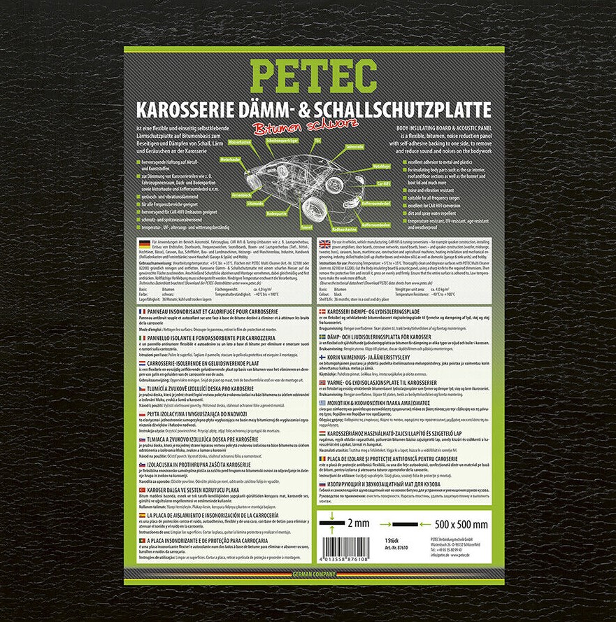 PETEC 87610 Schallschutzmatte Dämmmatte Motorraum Bitumenmatte Bitumen schwarz 500x500x2mm