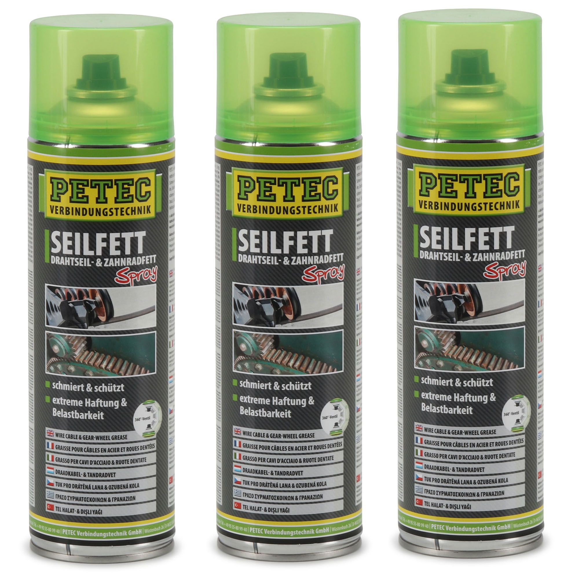 PETEC 71650 Seilfett Seilfettspray Drahtseilfett Zahnradfett Fettspray 3x 500ml