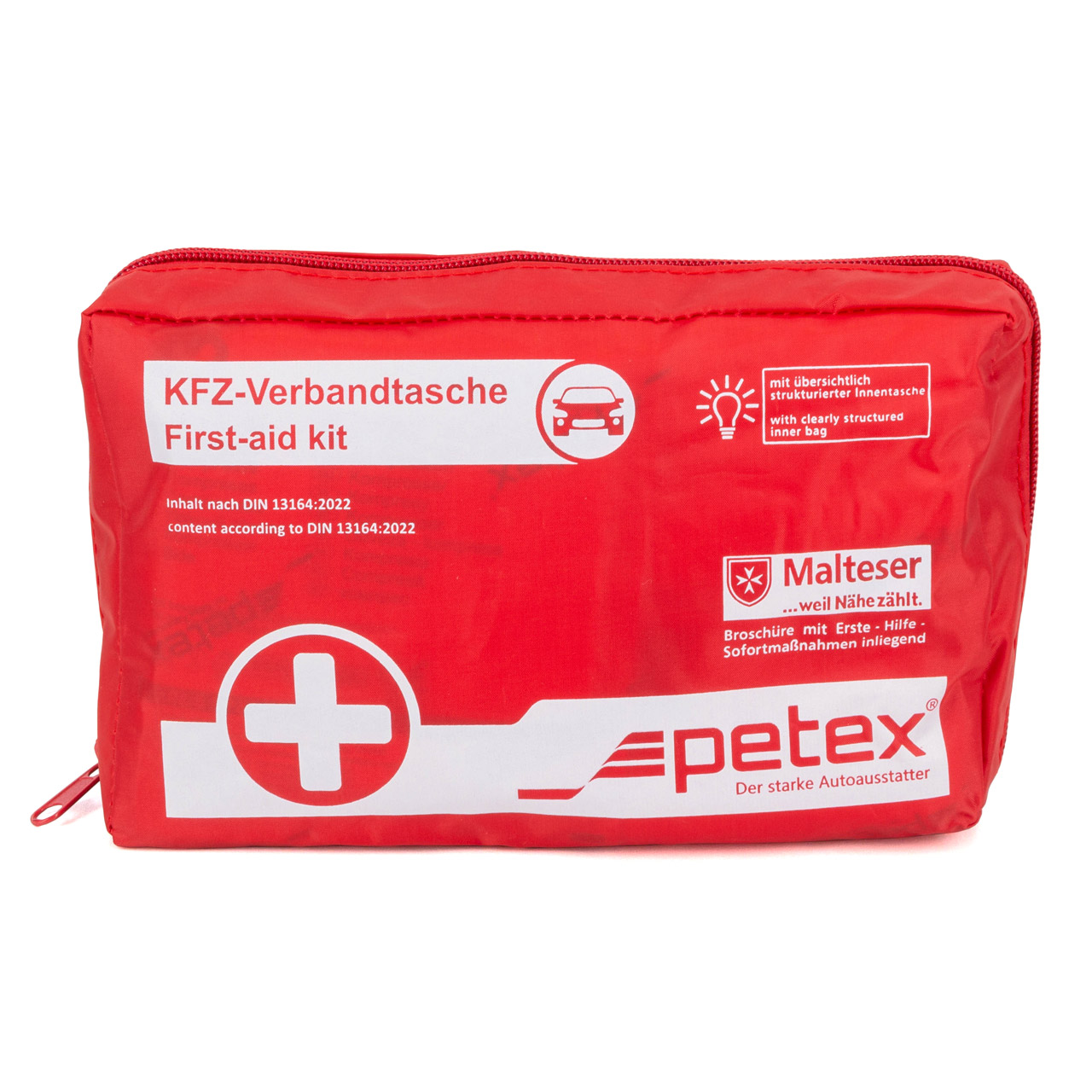 PETEX Auto PKW KFZ Verbandtasche Verbandkasten Erste-Hilfe ROT DIN13164-2022 (MHD 01.2028)