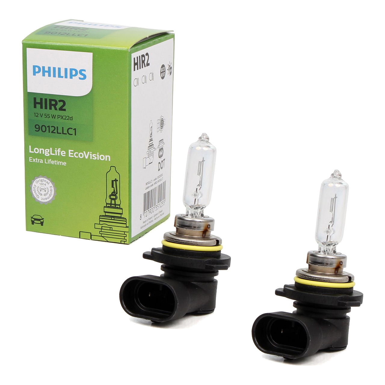 2x PHILIPS 9012LLC1 Halogenlampe Glühlampe LongLife EcoVision HIR2 12V 55W PX22d