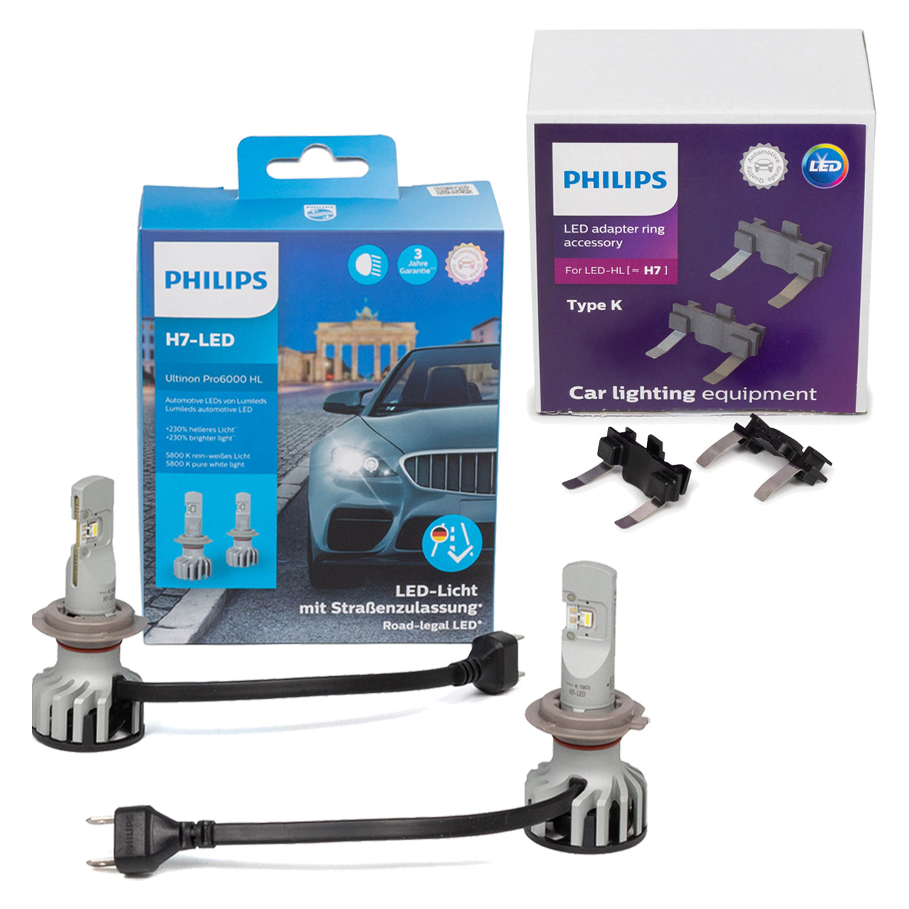 2x PHILIPS Ultinon Pro6000 H7 LED + Adapter FORD Focus 4 MK4 (alle Varianten)