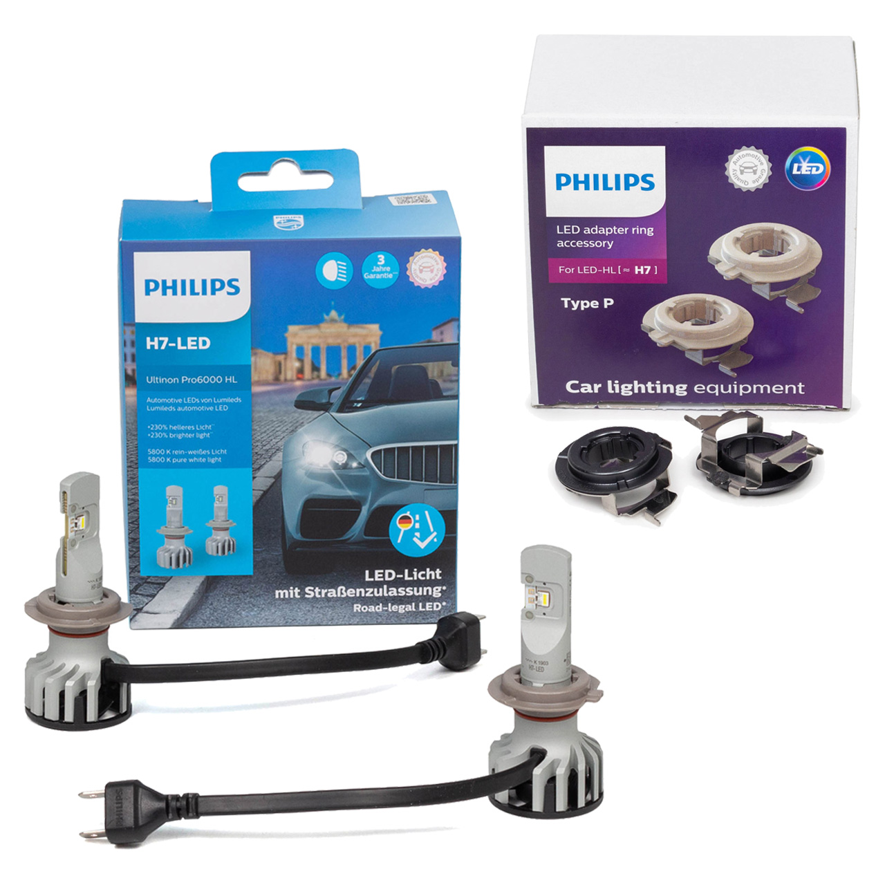 2x PHILIPS Ultinon Pro6000 H7 LED + Adapter BMW F20 MERCEDES W176 Astra J VW Golf 7 Polo 5