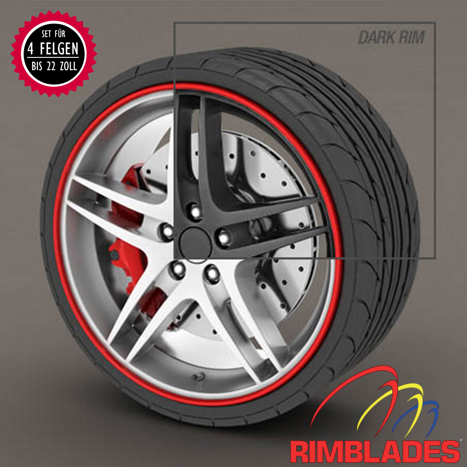 rot Rimblades mit 3M Kleber Premium Felgenschutz und Styling für Alufelgen bis 22/'/' ~ schneller Versand innerhalb 24 Stunden ~ Farbe