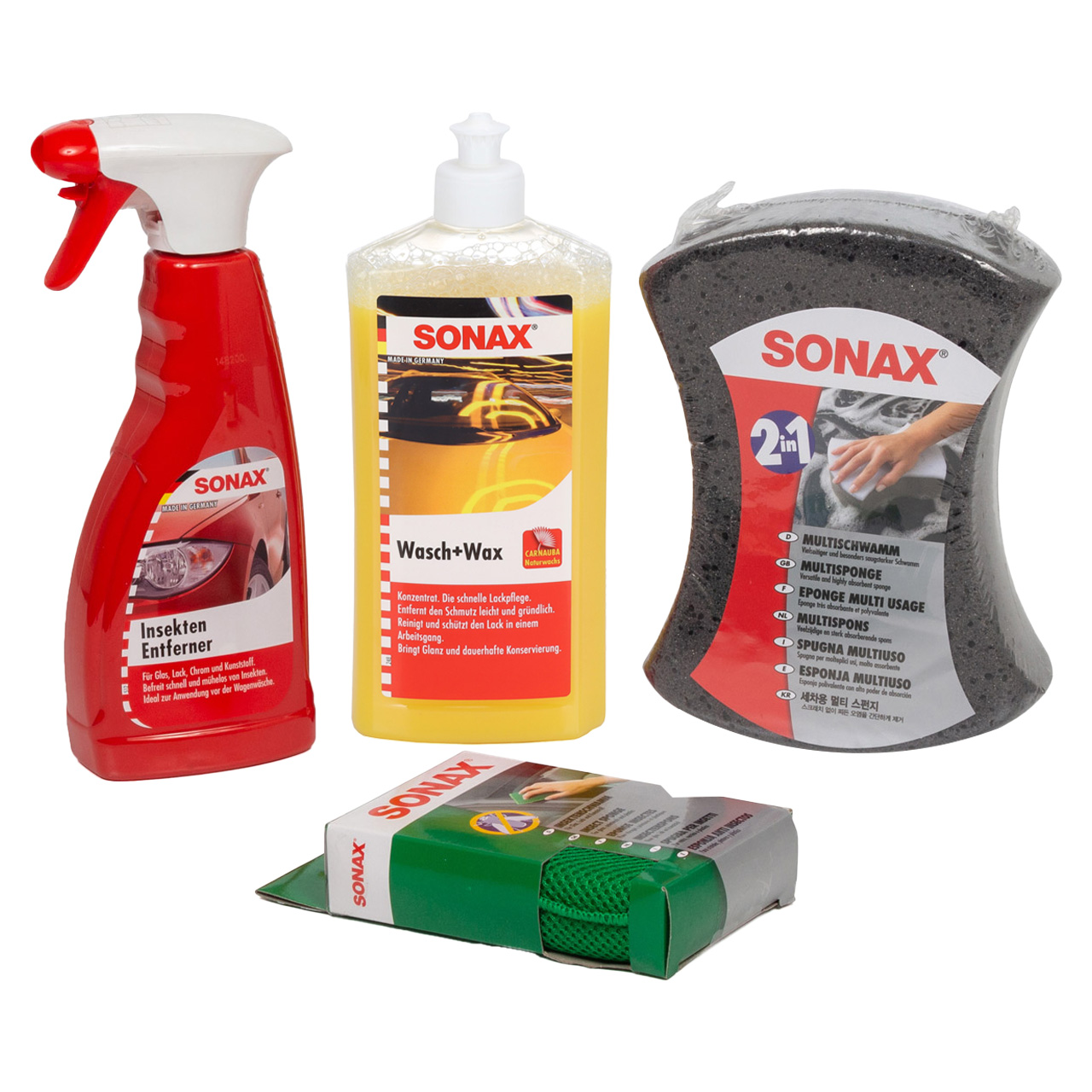 SONAX Autoshampoo Wasch&Wax + Insektenentferner + Insektenschwamm + Multischwamm