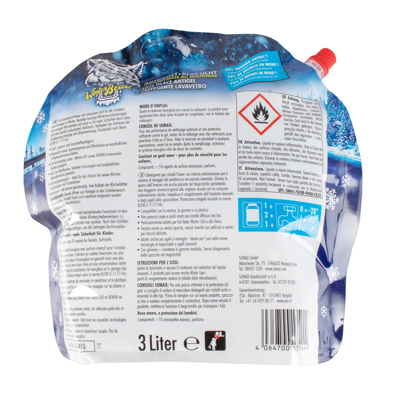 SONAX 01354410 WinterBeast Scheiben Frostschutz ANTIFROST Konzentrat -20°C 3L 3 Liter