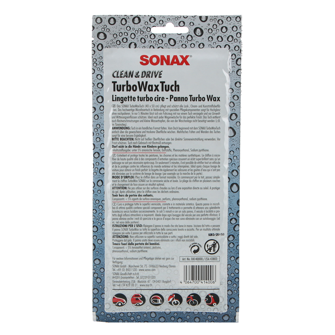 SONAX 414000 TurboWaxTuch CLEAN & DRIVE Wachstuch Microfaser Tuch 40x50cm