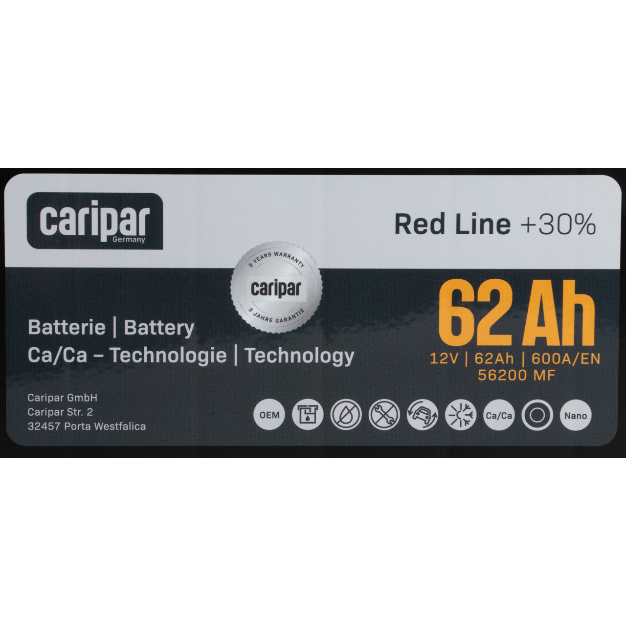 CARIPAR RED LINE +30% PKW KFZ Autobatterie Starterbatterie 12V 62Ah 600A/EN B13