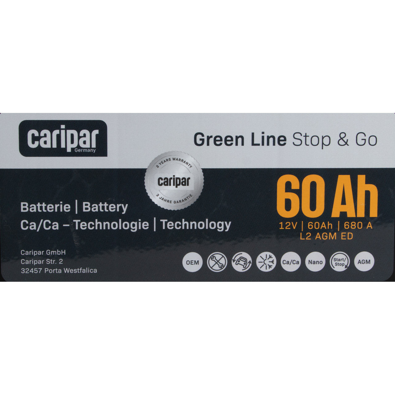 CARIPAR GREEN LINE AGM STOP-GO Autobatterie Starterbatterie 12V 60Ah 680A/EN