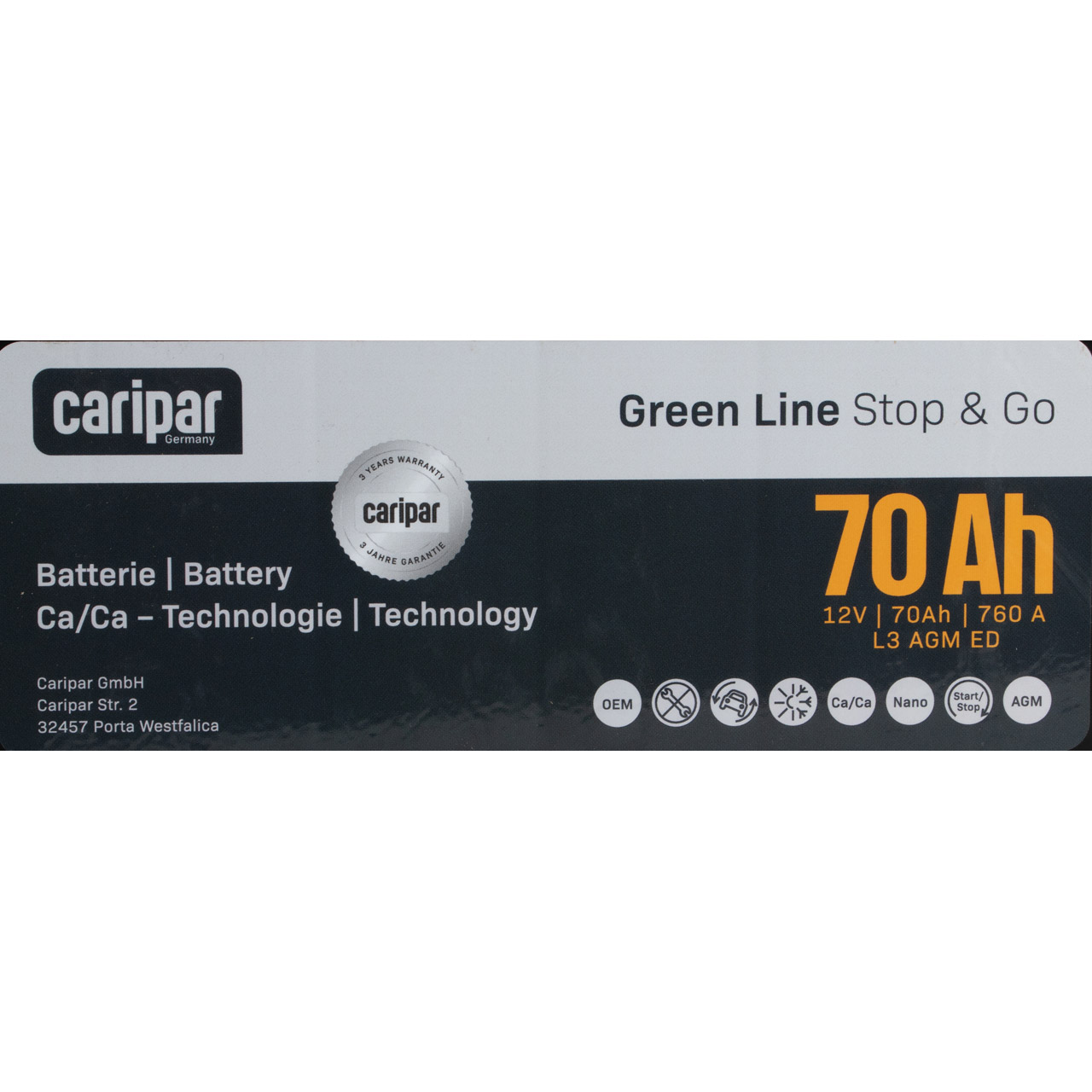 CARIPAR GREEN LINE AGM STOP-GO Autobatterie Starterbatterie 12V 70Ah 760A/EN