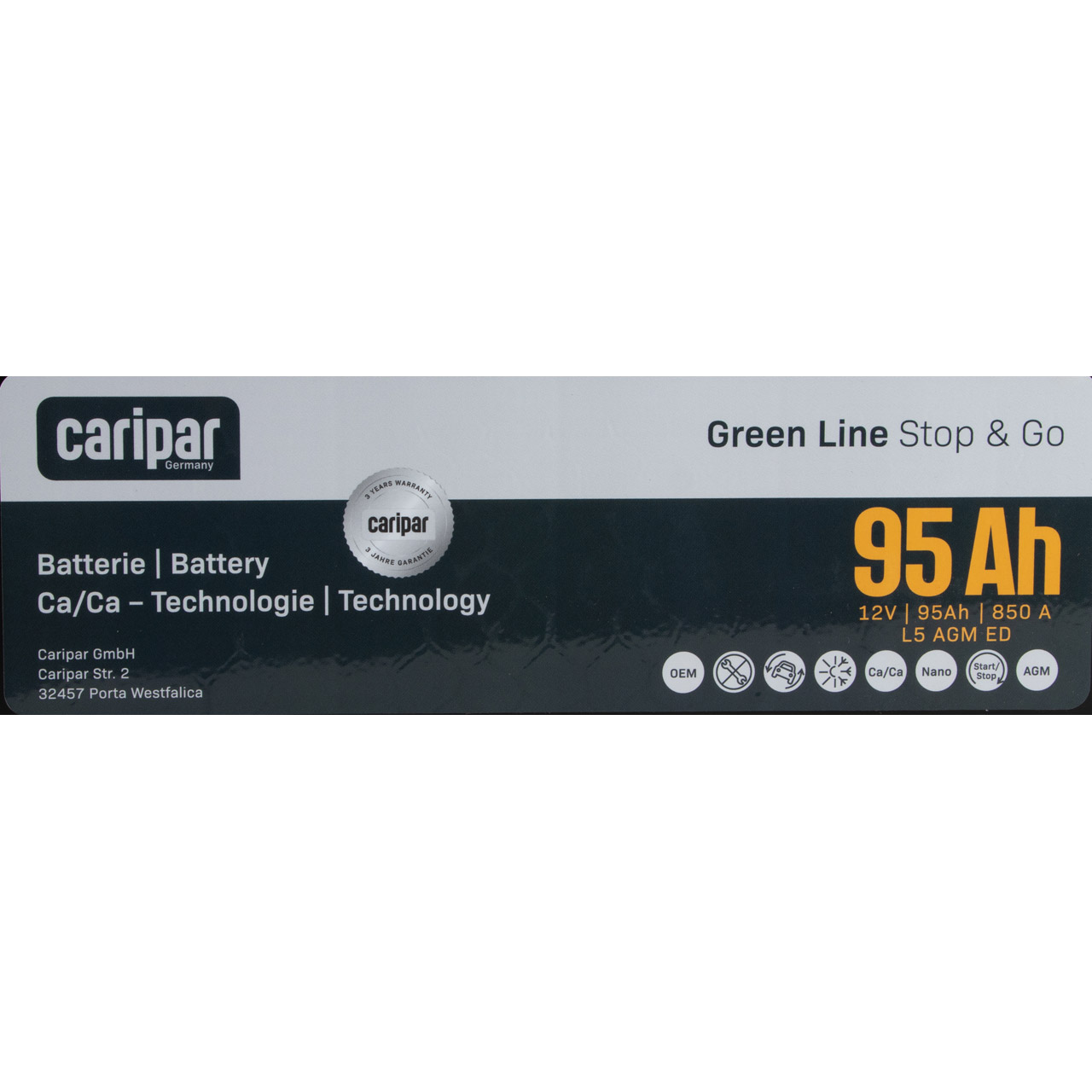 CARIPAR GREEN LINE AGM STOP-GO Autobatterie Starterbatterie 12V 95Ah 850A/EN