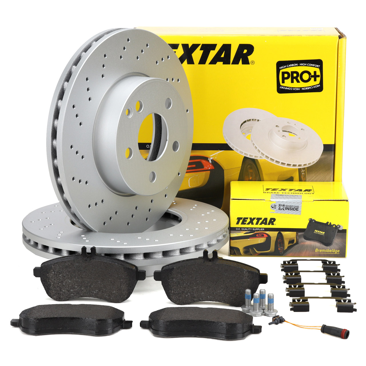 TEXTAR Brake Discs + Brake Pads + Sensor for MERCEDES W204 S204 with Sport Package (Front)