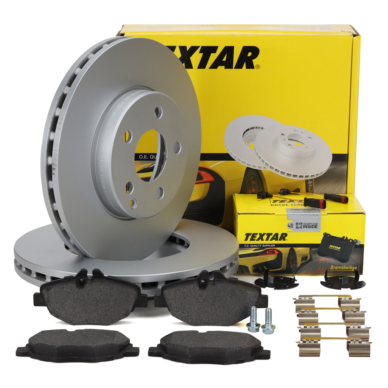 TEXTAR Bremsscheiben + Bremsbeläge + Sensor MERCEDES W211 S211 E200-280 E200-300CDI vorne