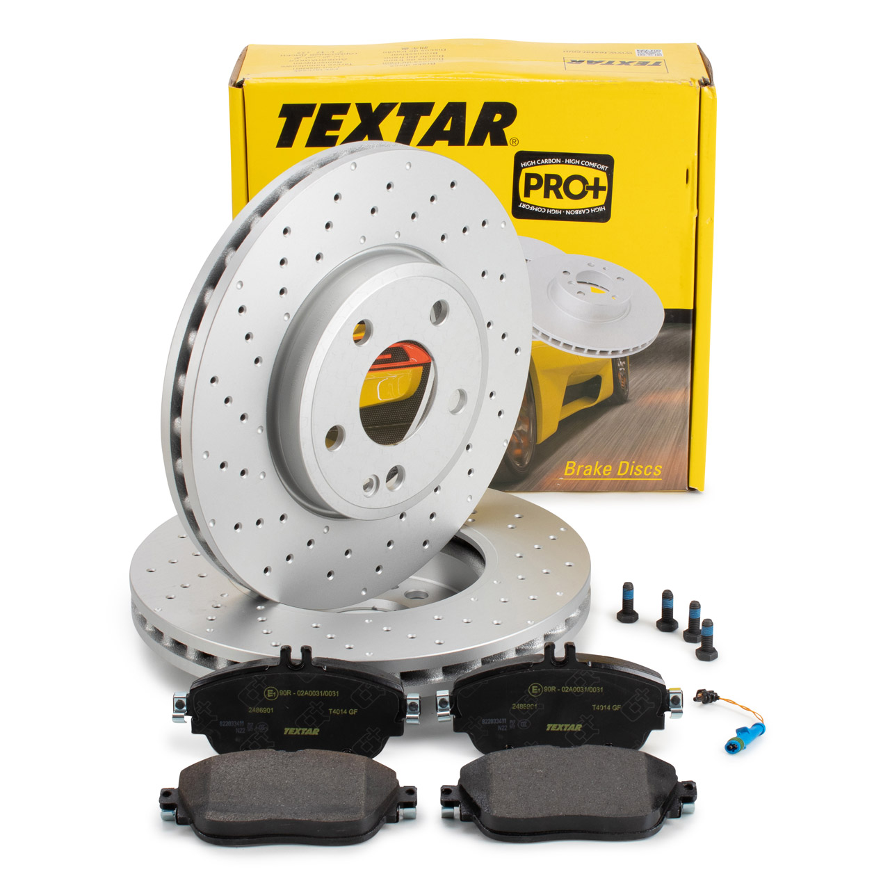 TEXTAR Bremsscheiben + Beläge + Sensor MERCEDES W176 W246 C/X117 X156 mit Sportpaket vorne