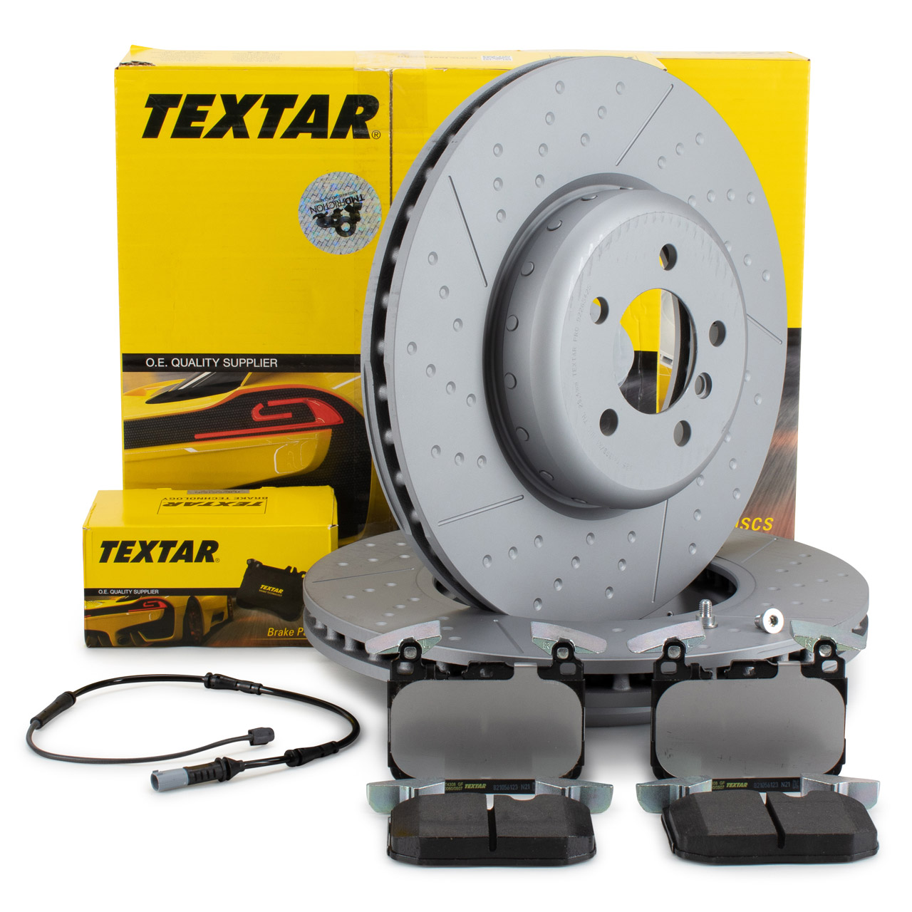 TEXTAR Bremsscheiben + Bremsbeläge + Sensor BMW 3er F30-34 4er F32-36 mit M-Technik vorne