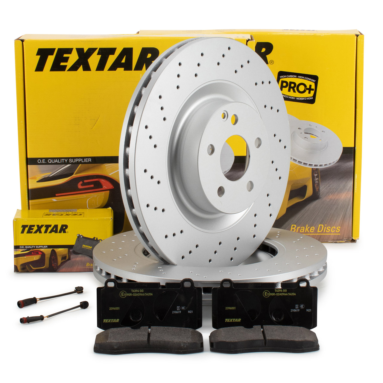 TEXTAR Bremsscheiben + Beläge + Sensor MERCEDES W211 S211 E500 E420CDI W221 R230 vorne
