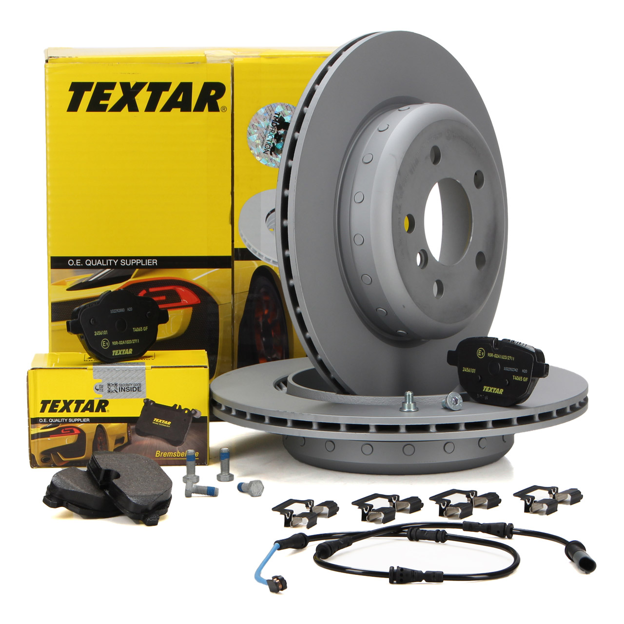 TEXTAR Brake Discs + Pads + Warning Sensor for BMW 5 Series Sedan 520-530i 518-530d (Rear)