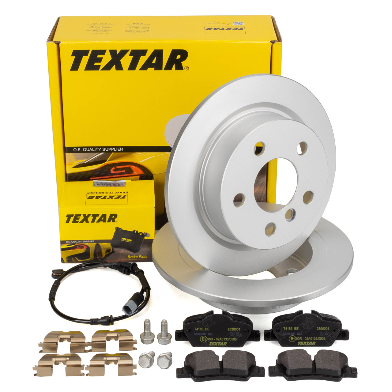 TEXTAR Bremsscheiben + Bremsbeläge + Sensor MINI F55 F56 F57 One / Cooper / Works hinten