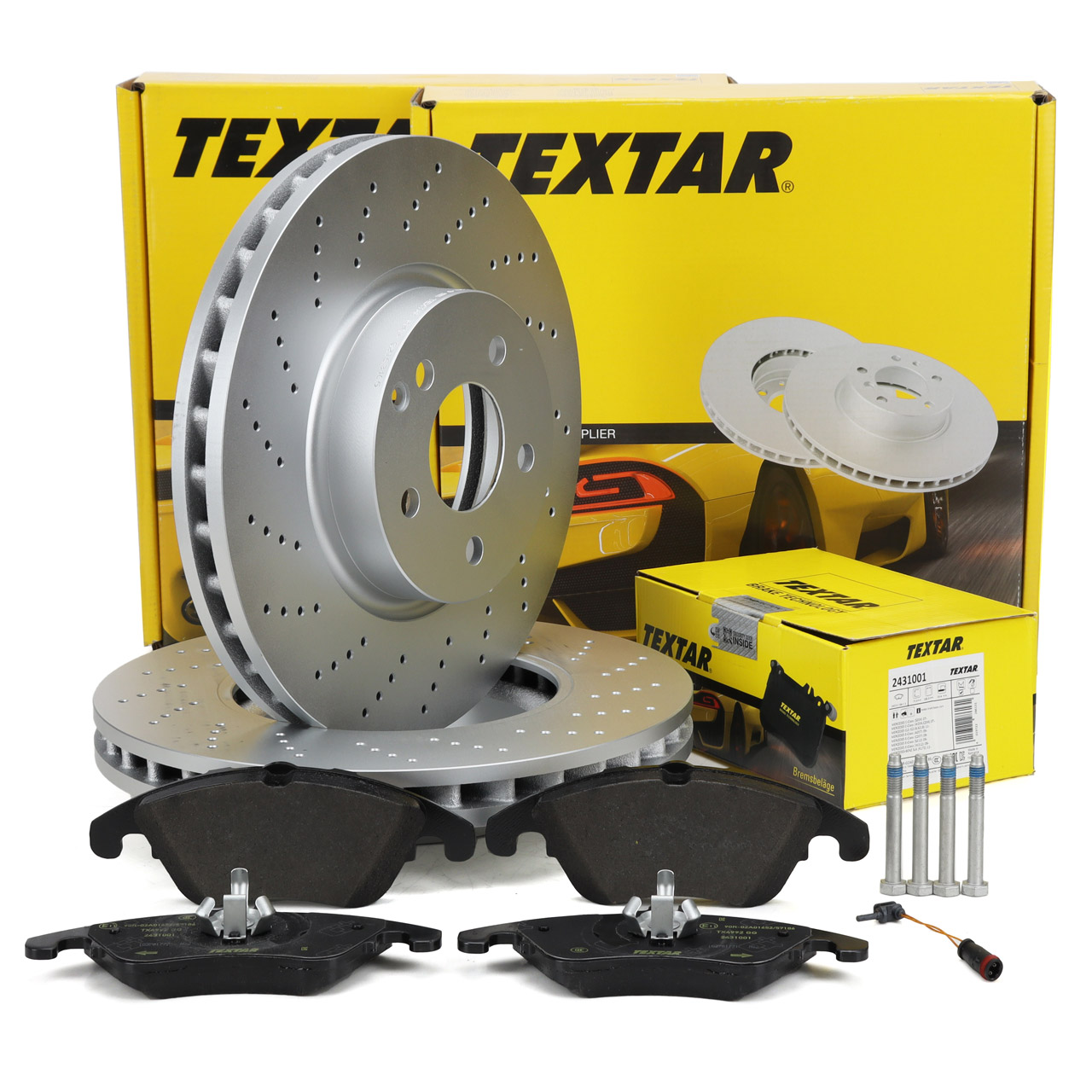 TEXTAR Bremsscheiben + Bremsbeläge + 1x Sensor für MERCEDES W204 S204 W212 S212 C207 vorne