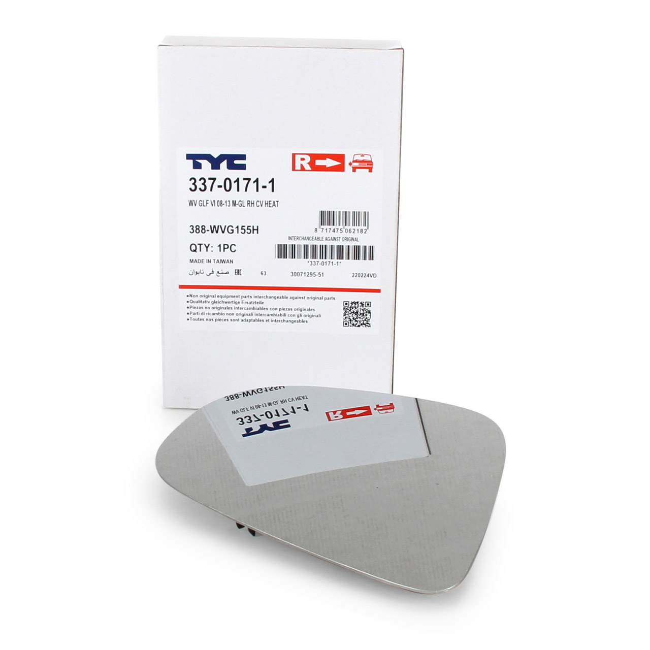 TYC 337-0171-1 Exterior Mirror Glass for VW Golf 6 MK6 5K, VW Touran 1T (Right Side) 5K0857522
