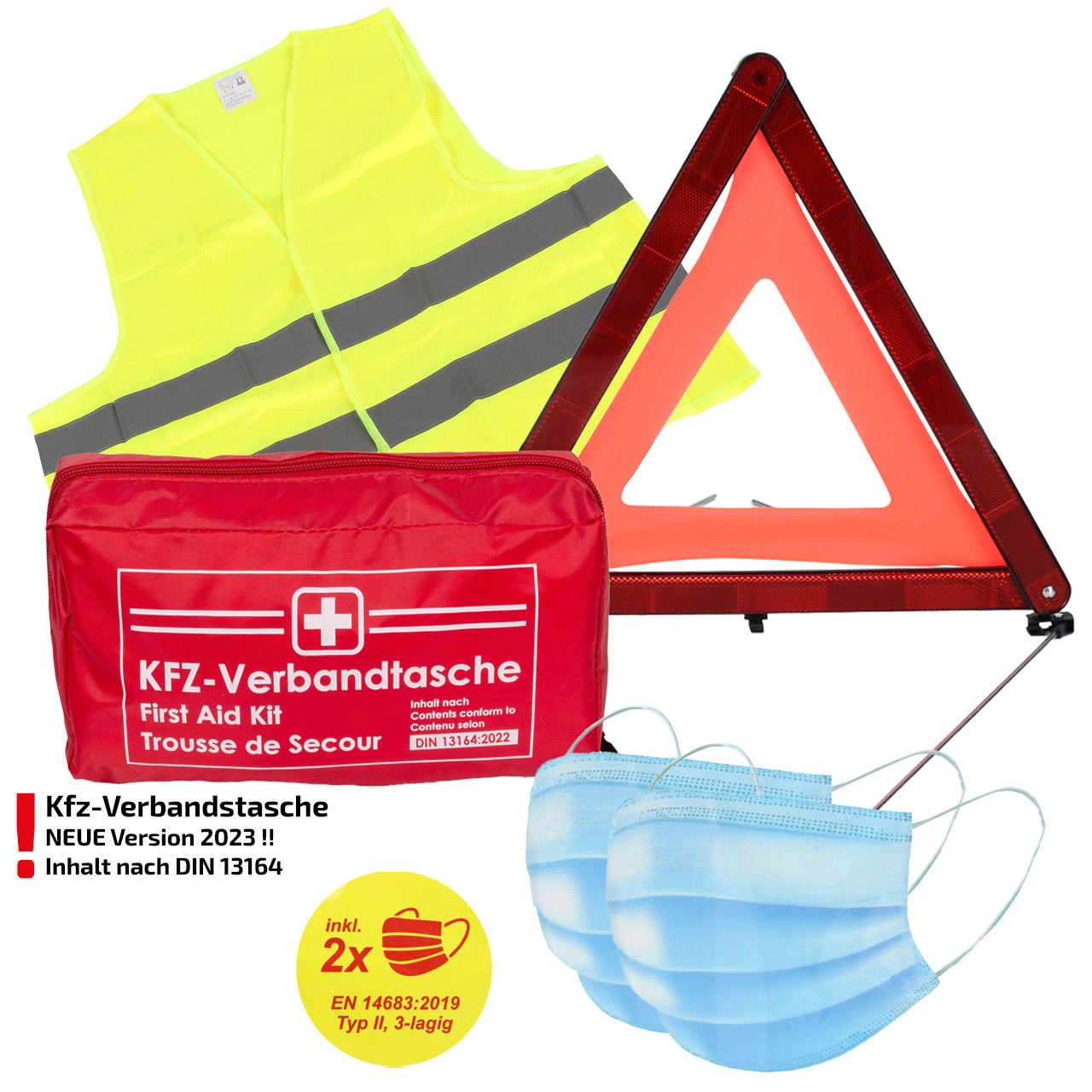 Verbandtasche Erste-Hilfe DIN13164-2022 (MHD 08.2028) + Warnweste GELB + Warndreieck