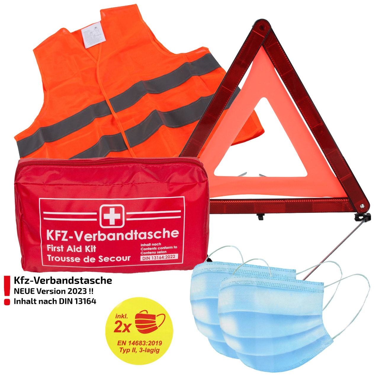 Verbandtasche Erste-Hilfe DIN13164-2022 (MHD 08.2028) + Warnweste ORANGE + Warndreieck