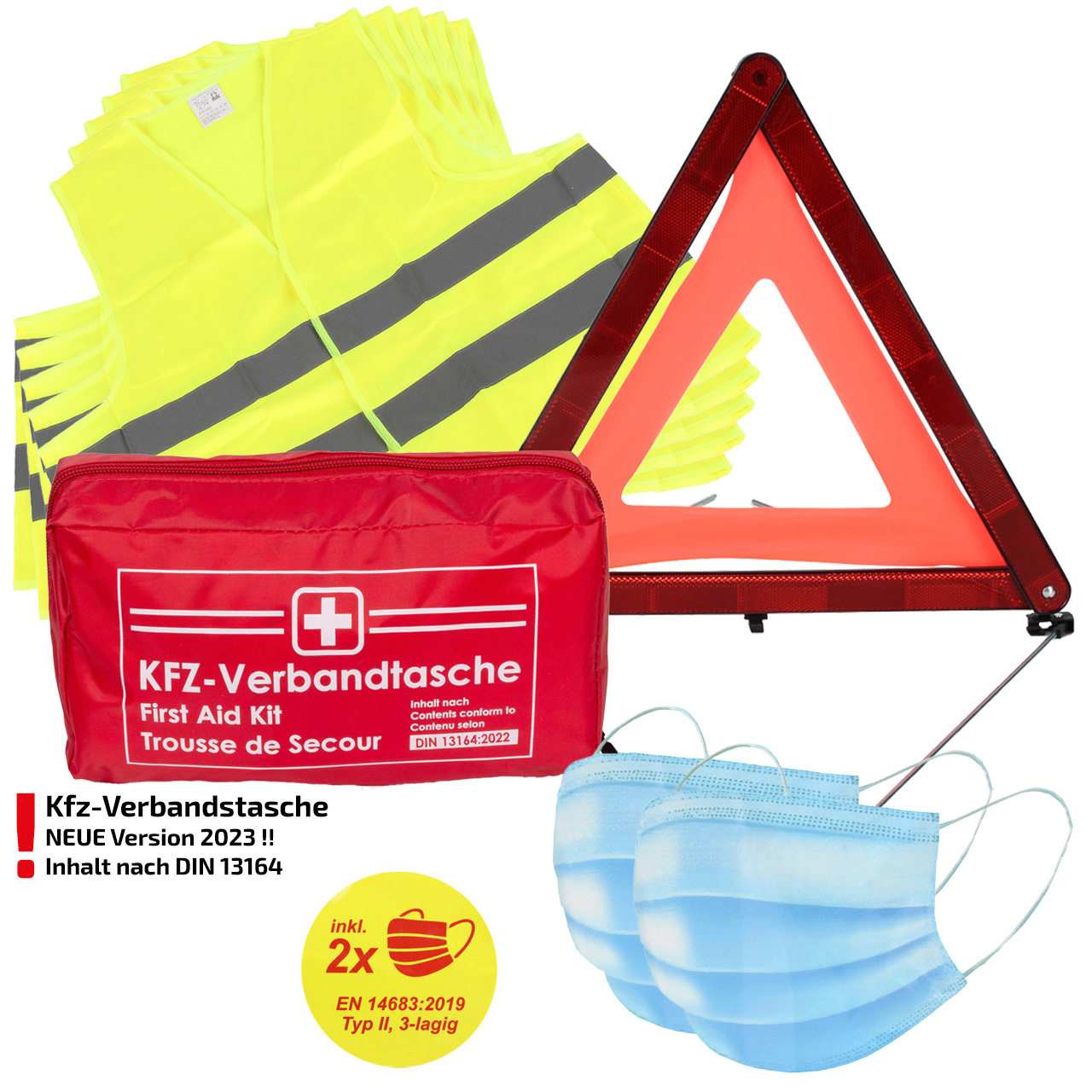 Verbandtasche Erste-Hilfe DIN13164-2022 (MHD 08.2028) + 5x Warnweste GELB + Warndreieck