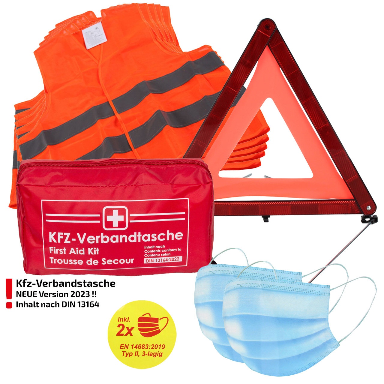 Verbandtasche Erste-Hilfe DIN13164-2022 (MHD 08.2028) + 5x Warnweste ORANGE + Warndreieck