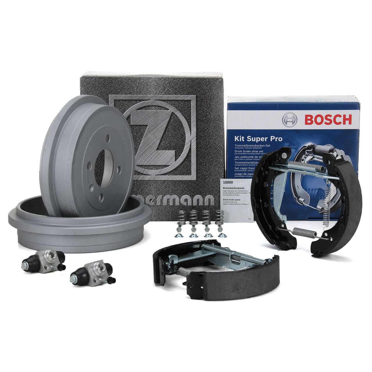 ZIMMERMANN brake drums + BOSCH brake shoes + rear wheel brake cylinders for SEAT Arosa, Mii, and Lupo