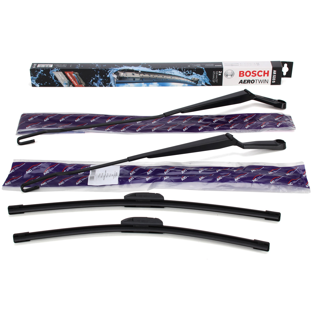 2x AIC wiper arms + BOSCH AR533S windshield wipers for VW Golf 4 Bora (front)
