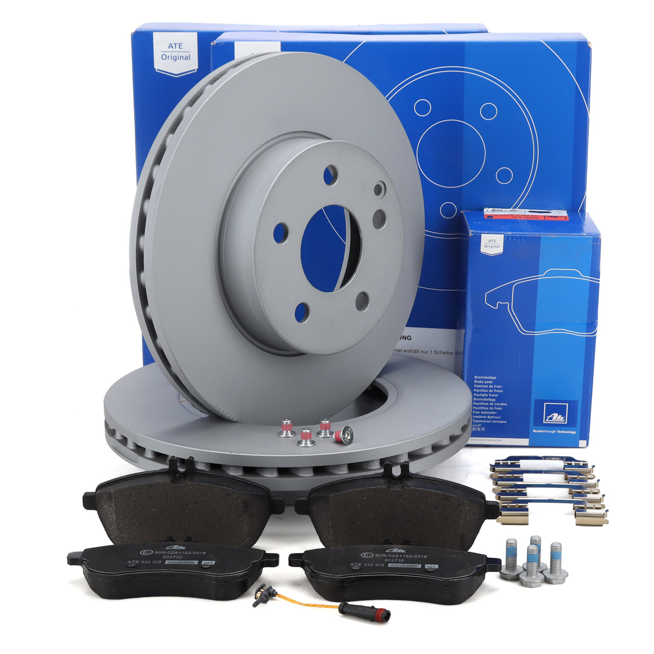 ATE Bremsscheiben + Bremsbeläge + Sensor für MERCEDES W204 W212 R172 ohne Sportpaket vorne