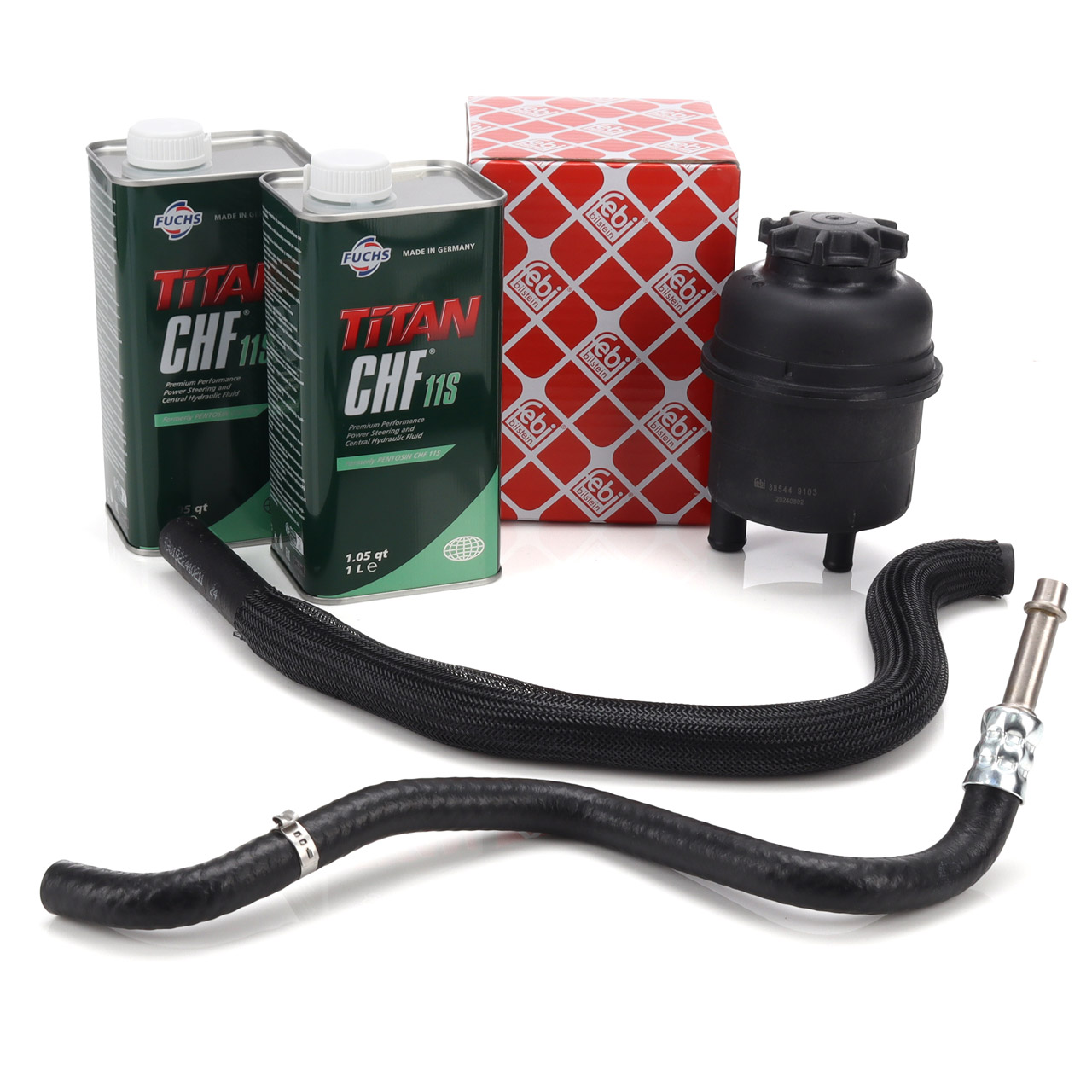 febi Ausgleichsbeh&auml;lter + Hydraulikschl&auml;uche + 2L PENTOSIN Servo&ouml;l f&uuml;r BMW E39 E38 M52 M54