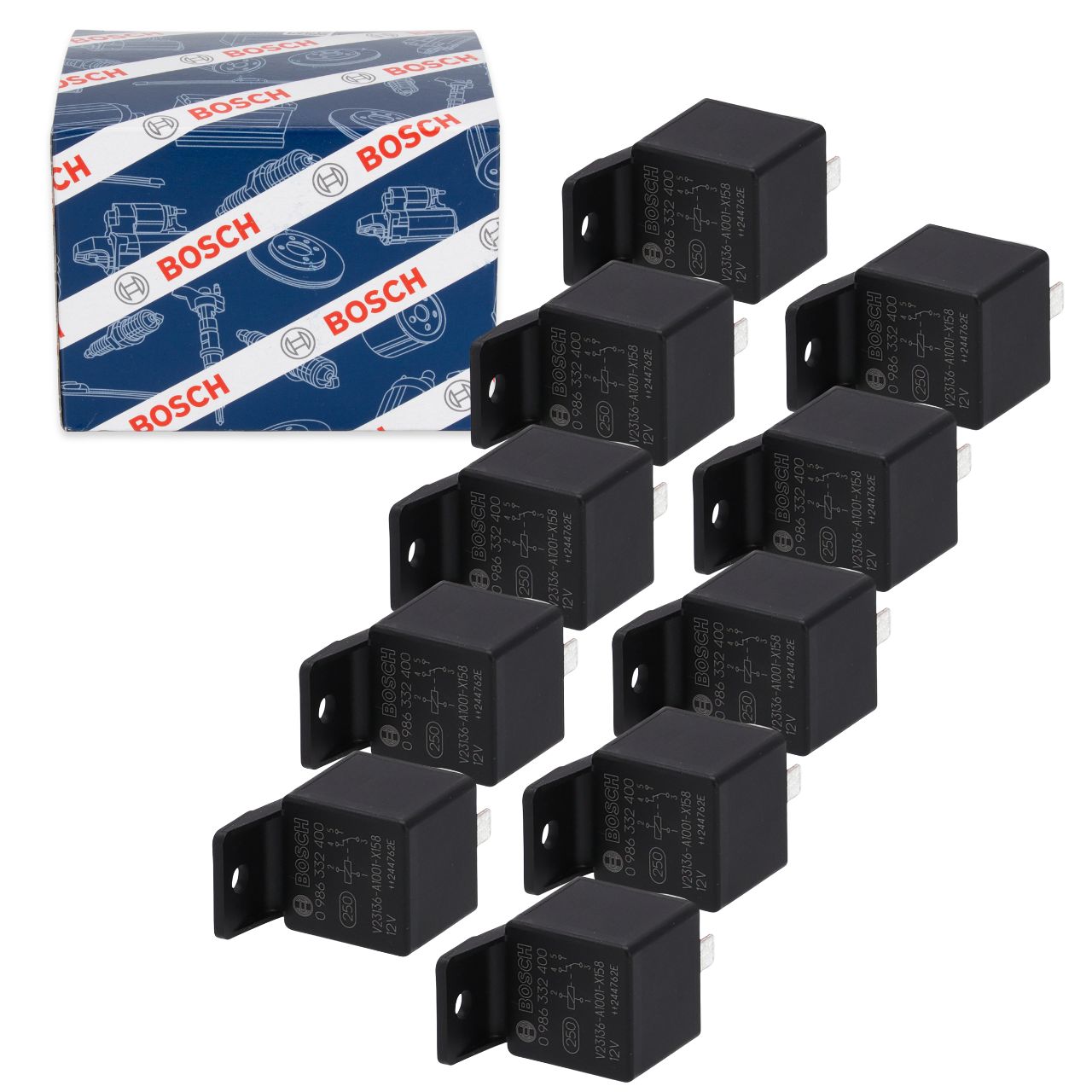 10x BOSCH 0986332400 Relais Universal Schalter Arbeitsstrom 12V 30A 5-polig