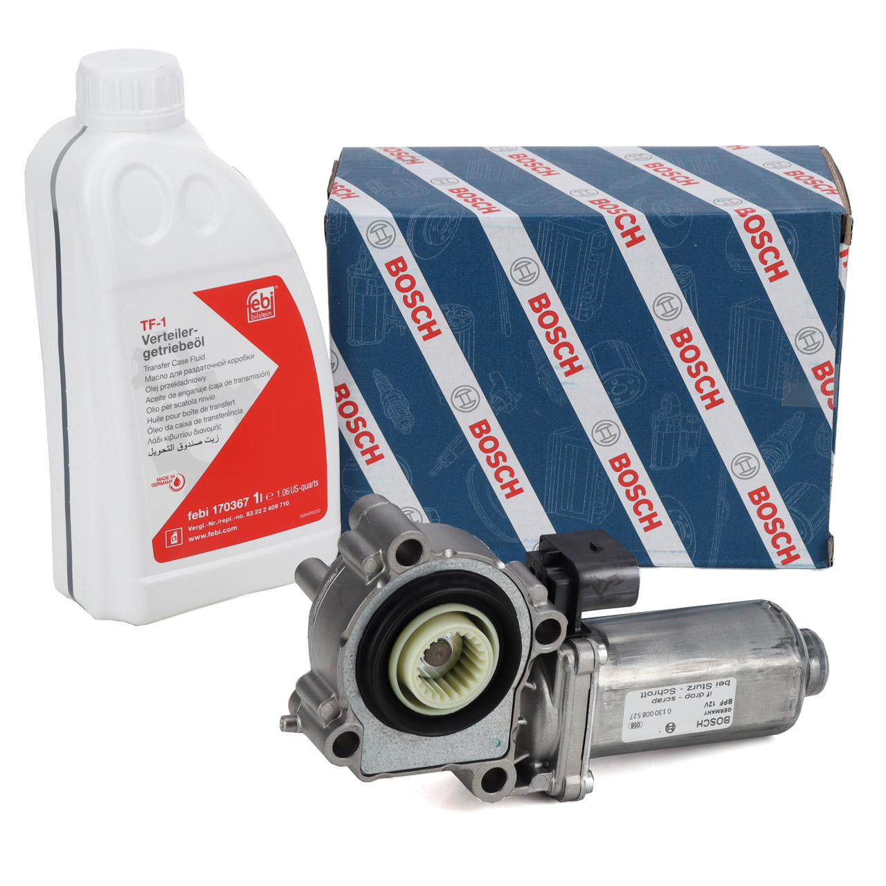BOSCH Stellmotor Verteilergetriebe + 1L febi Verteilergetriebe&ouml;l f&uuml;r BMW X3 X5 X6 xDrive