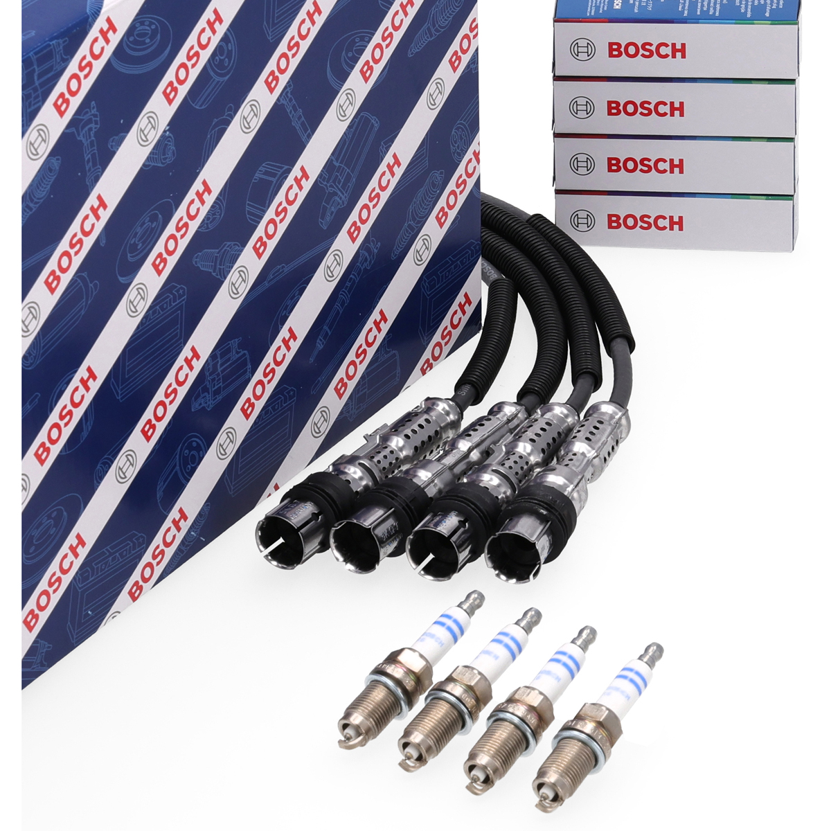 BOSCH Ignition Cable Set + 4 Spark Plugs for VW Golf 6, Polo 5, Touran, AUDI A1 8X, A3 8P 1.2 TSI
