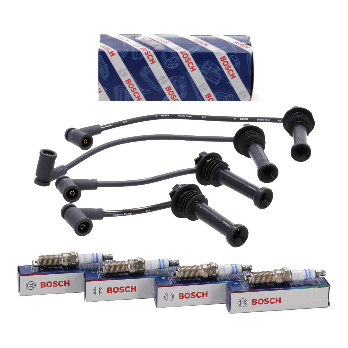 BOSCH Z&uuml;ndkabelsatz + 4x Z&uuml;ndkerze f&uuml;r FORD Fiesta 5 6 Focus 1 2 3 Ka+ Mondeo 4 1.25-1.6