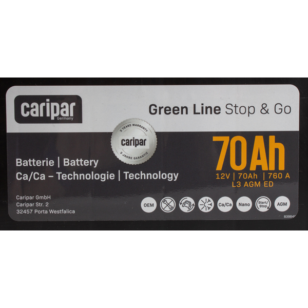 CARIPAR GREEN LINE AGM START STOP Autobatterie Starterbatterie 12V 70Ah 700A/EN B13