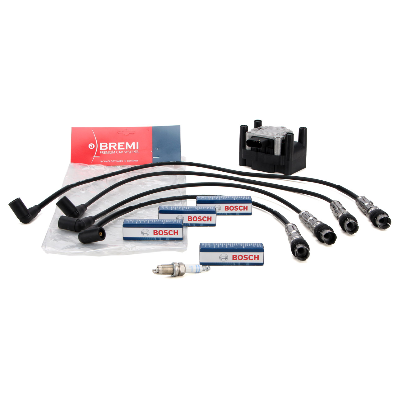 DELPHI ignition coil + BREMI ignition wire set + 4x BOSCH spark plugs for VW Lupo 1.0 1.4