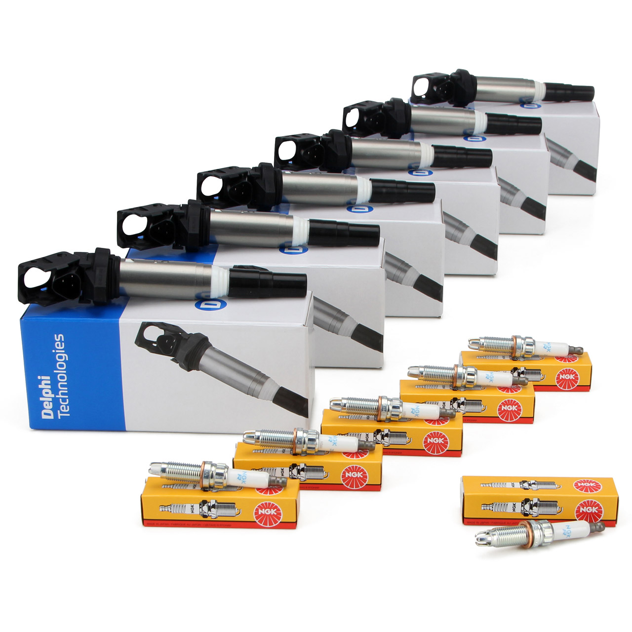 6x DELPHI ignition coils + NGK spark plugs for BMW 3 Series (E90-93), 5 Series (E60, E61, F10, F11), and 6 Series (E63, E64) with N53 engine