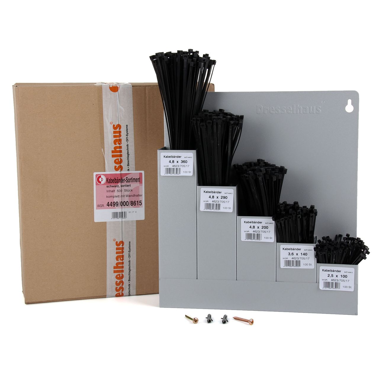 500-Piece DRESSELHAUS Cable Tie, Cable Strap, Wall Mount, Holder Assortment Box, Assorted Set, Black