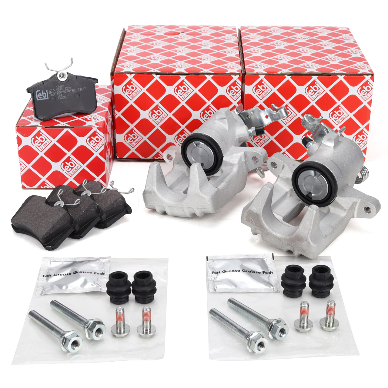 febi brake pads + 2x brake calipers (38 mm diameter) for VW Golf 5, 6, A3, 8P, Leon 1P, Octavia 2 (rear)