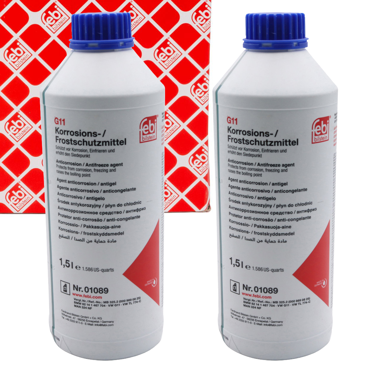 2 x 1.5 L febi 01089 Coolant Antifreeze G11 BLUE for AUDI, BMW, MINI, MERCEDES, OPEL, SMART, VW