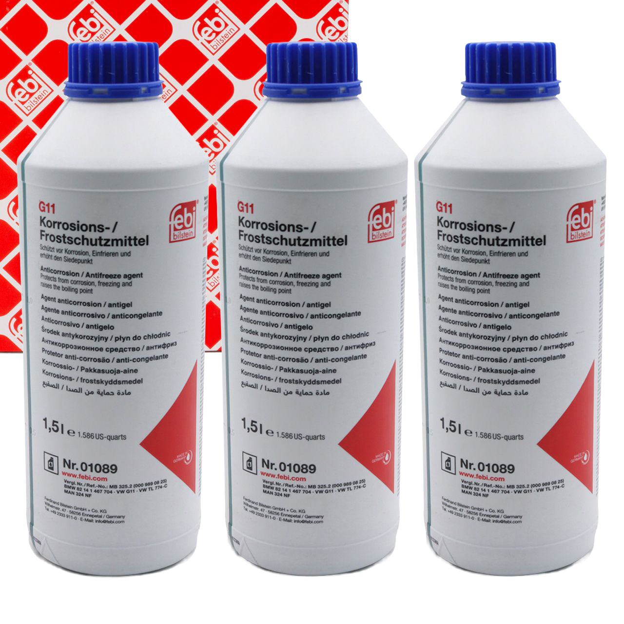 3 x 1.5 L febi 01089 Coolant Antifreeze G11 BLUE for AUDI, BMW, MINI, MERCEDES, OPEL, SMART, VW