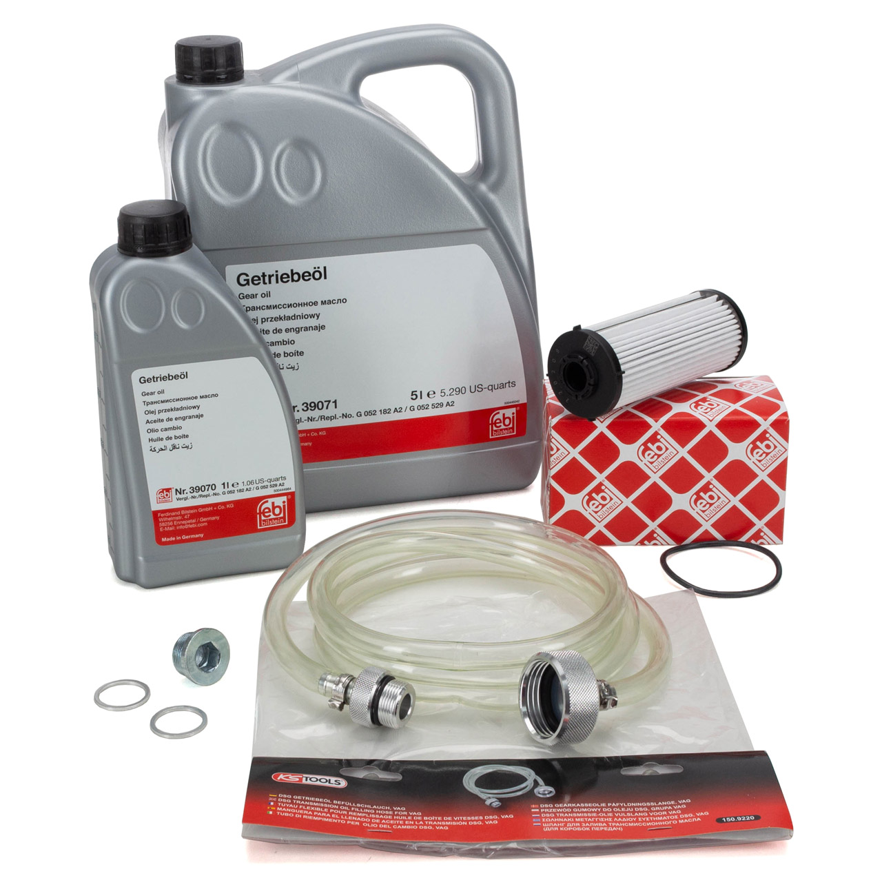 febi Getriebefilter Satz + 6L Getriebe&ouml;l + Bef&uuml;llschlauch VAS6262 f&uuml;r VAG DQ500 DQ400E