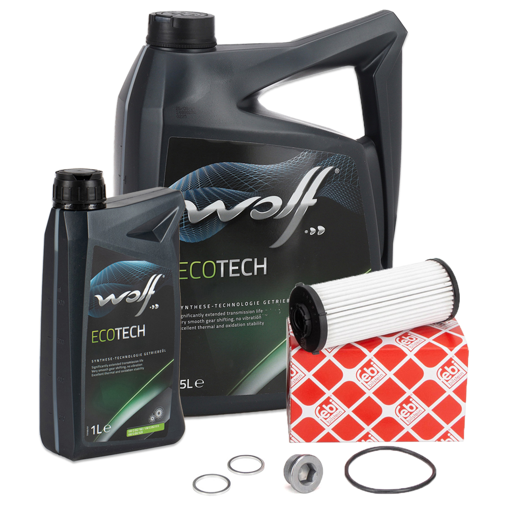 febi Getriebefilter Satz + 6L WOLF Getriebe&ouml;l AUDI SEAT SKODA VW DQ500 DQ400E