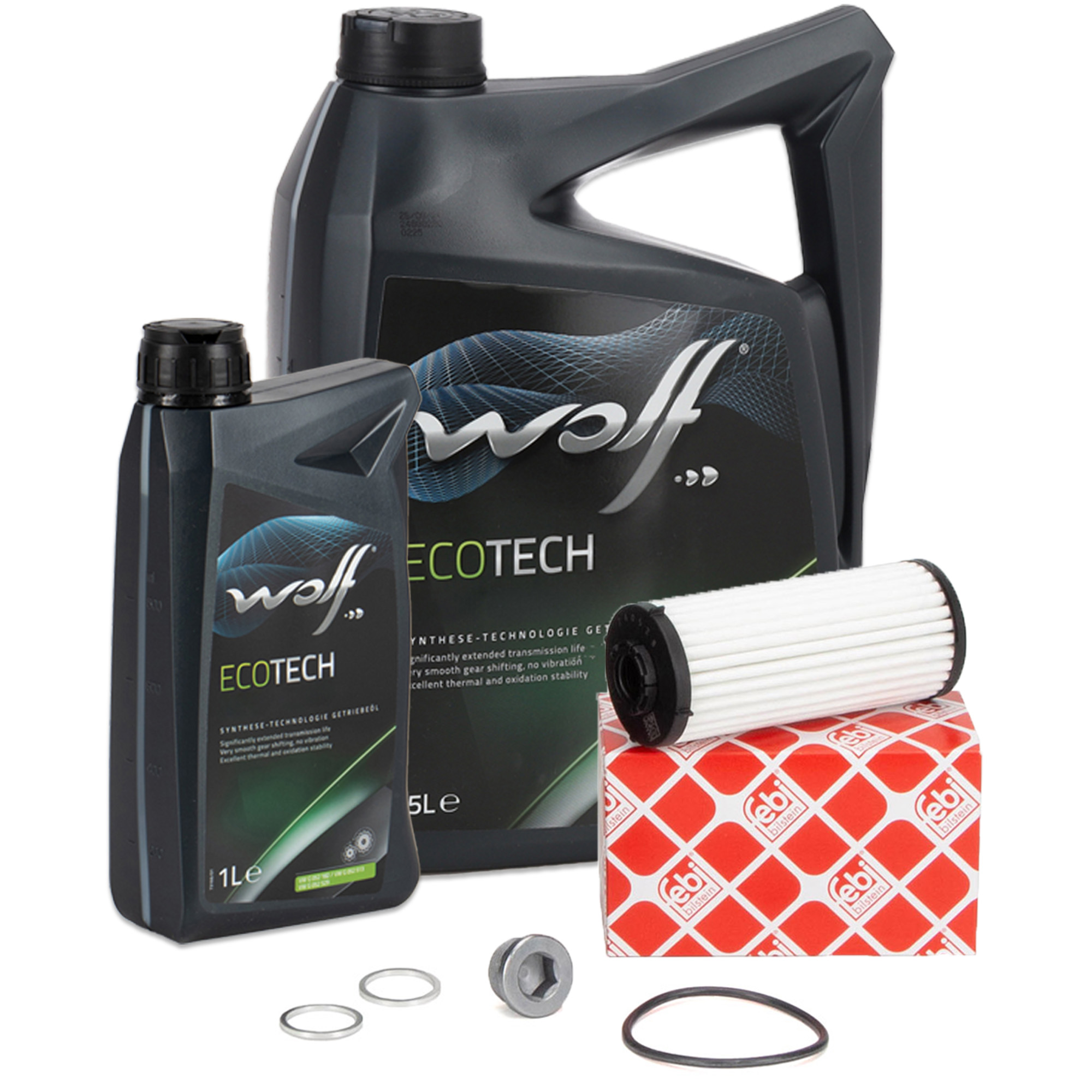 febi Getriebefilter Satz + 6L WOLF Getriebe&ouml;l f&uuml;r AUDI CUPRA SEAT SKODA VW DQ381
