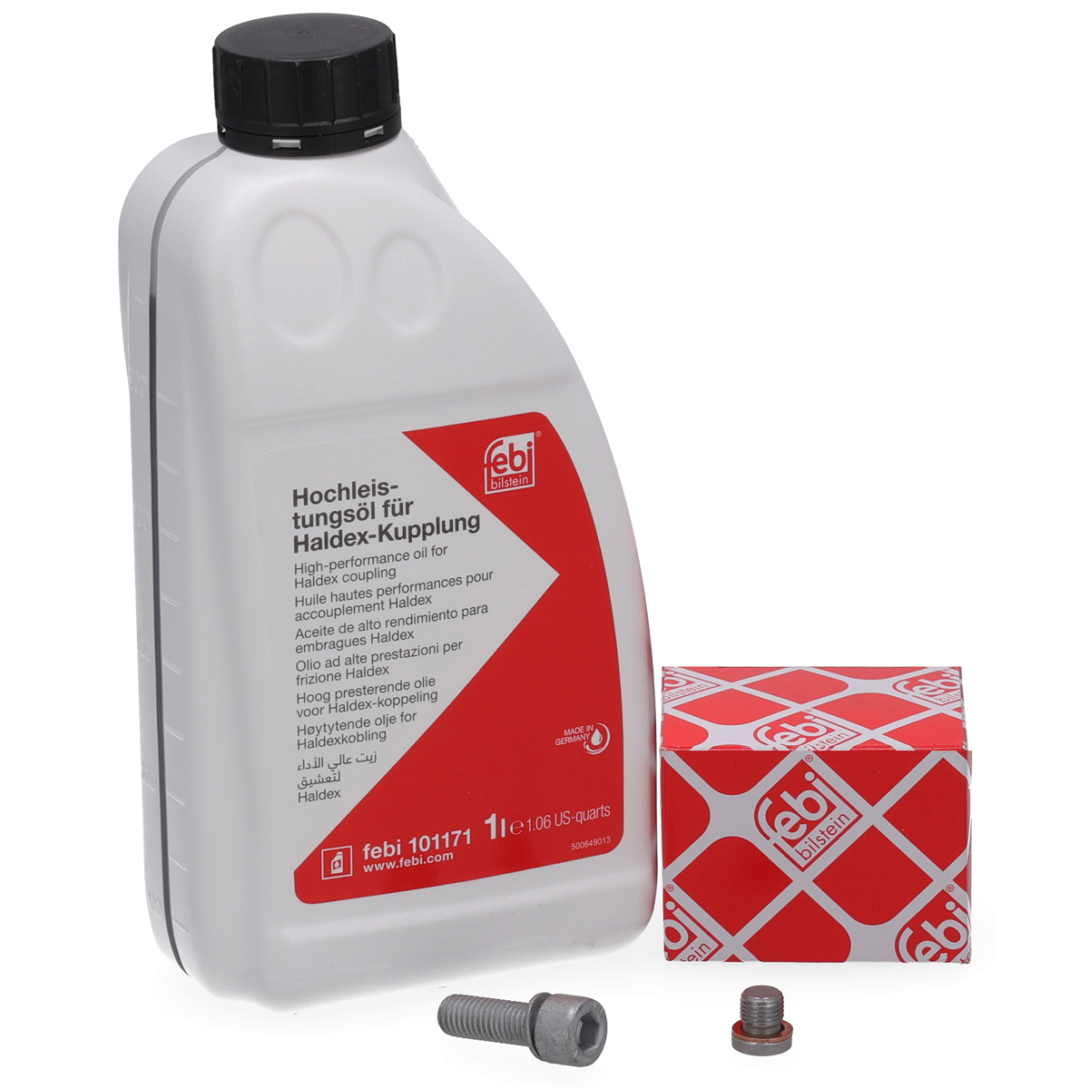 1L febi 101171 Lamellenkupplungs&ouml;l Haldex-&Ouml;l + 2x &Ouml;lablassschraube Haldex f&uuml;r VAG